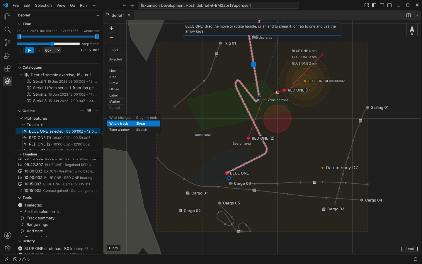 VS Code after shearing and stretching BLUE ONE: the History view naming each step, and the track's handles on the map, the two diamonds at its ends
