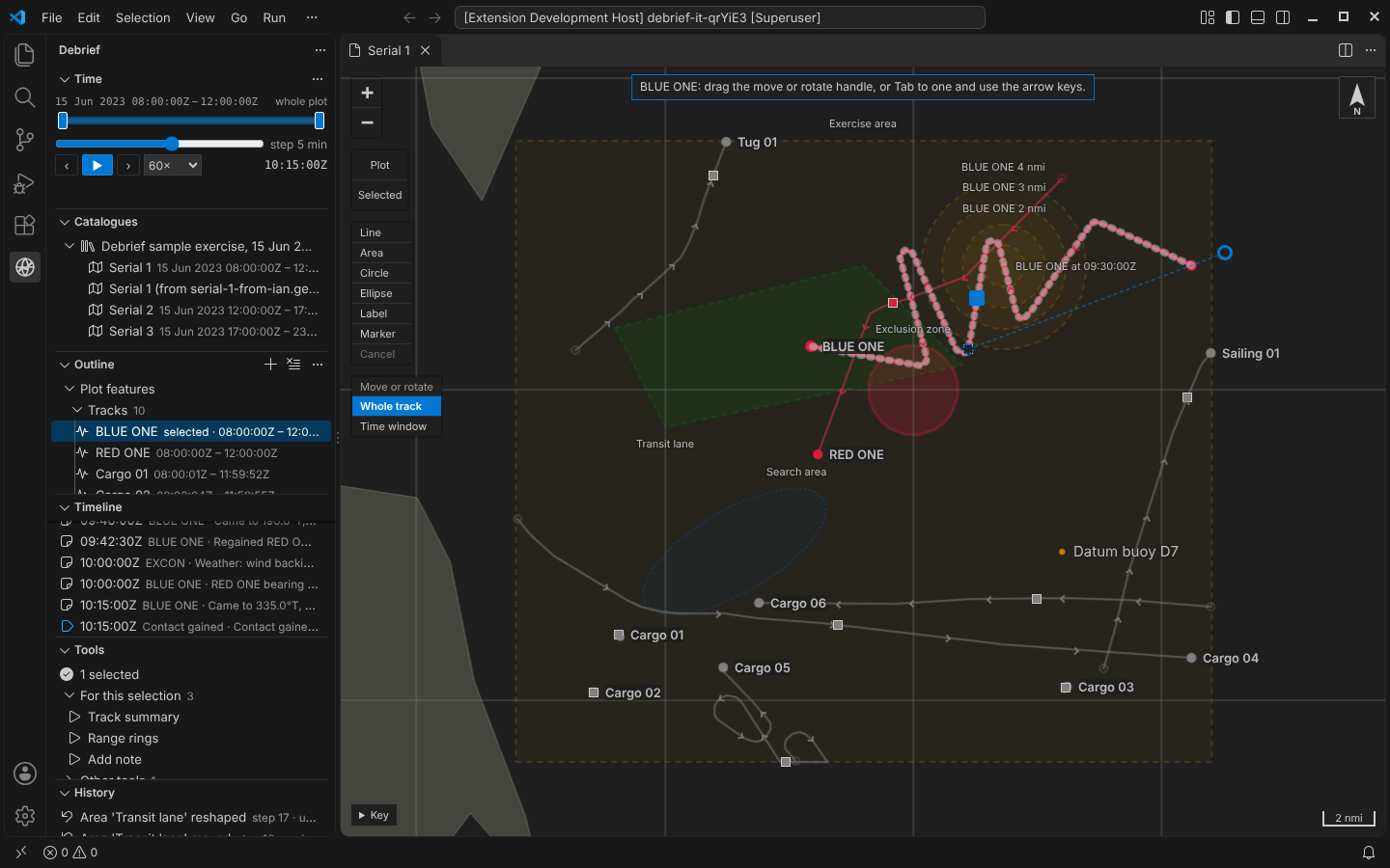 VS Code with serial 1 open: BLUE ONE selected, its move handle, rotate handle and pivot on the map, and the note at the top saying how to use them