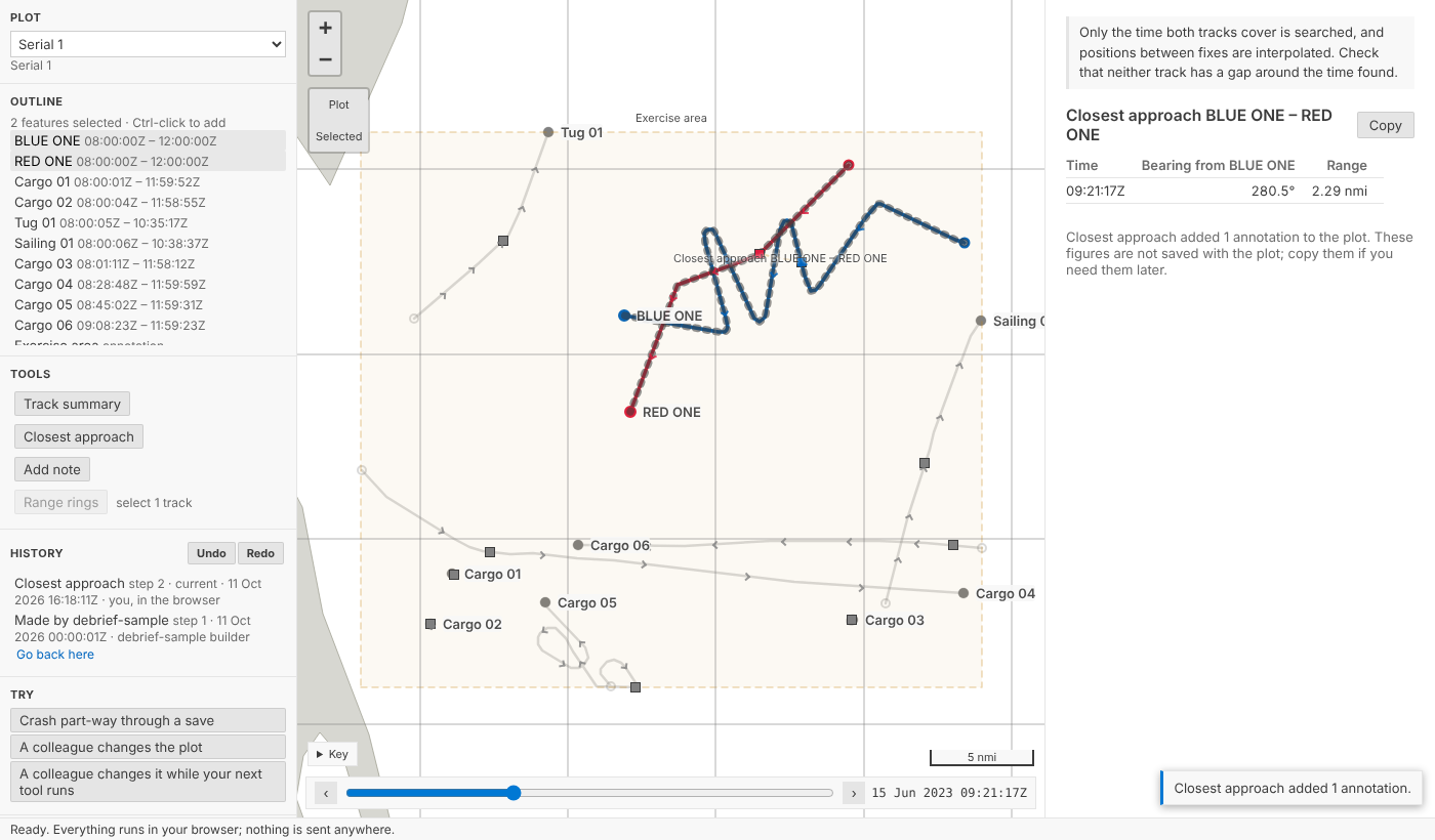 Closest approach run in the browser: the line on the map, the result beside it