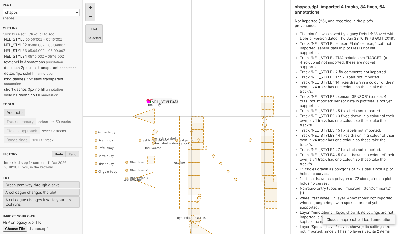 A legacy .dpf plot imported in the browser, with everything that couldn't be imported listed
