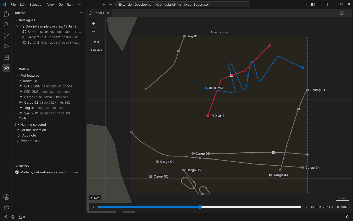 The time control: each track's position at current time is a square in its colour