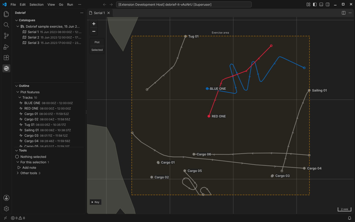 Debrief in VS Code: the catalogue of three serials, the outline of serial 1, and its map