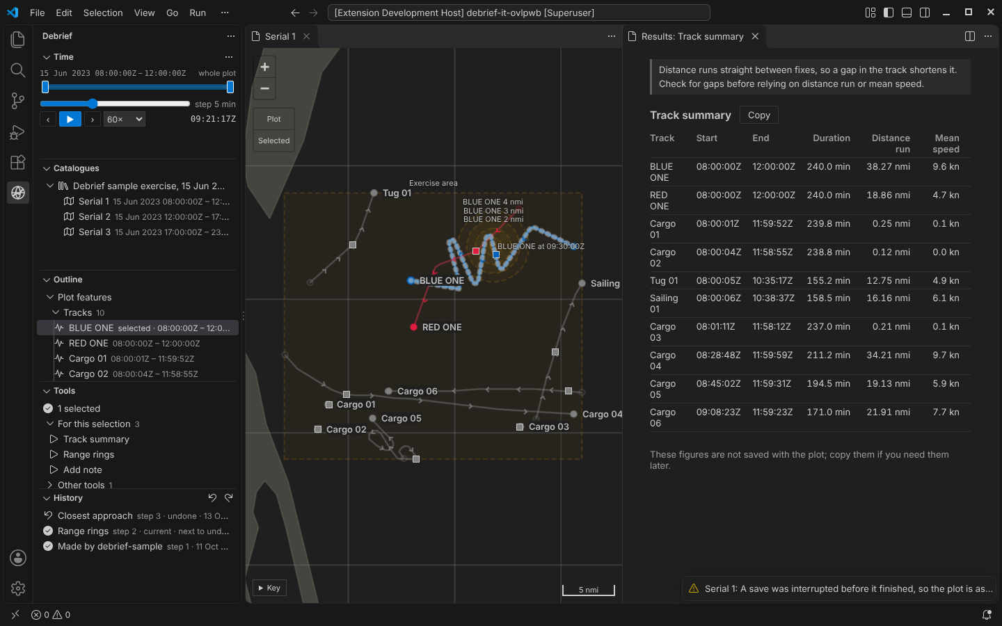 After a crash part-way through a save: the plot is as it was before that save, and Debrief says a save was interrupted