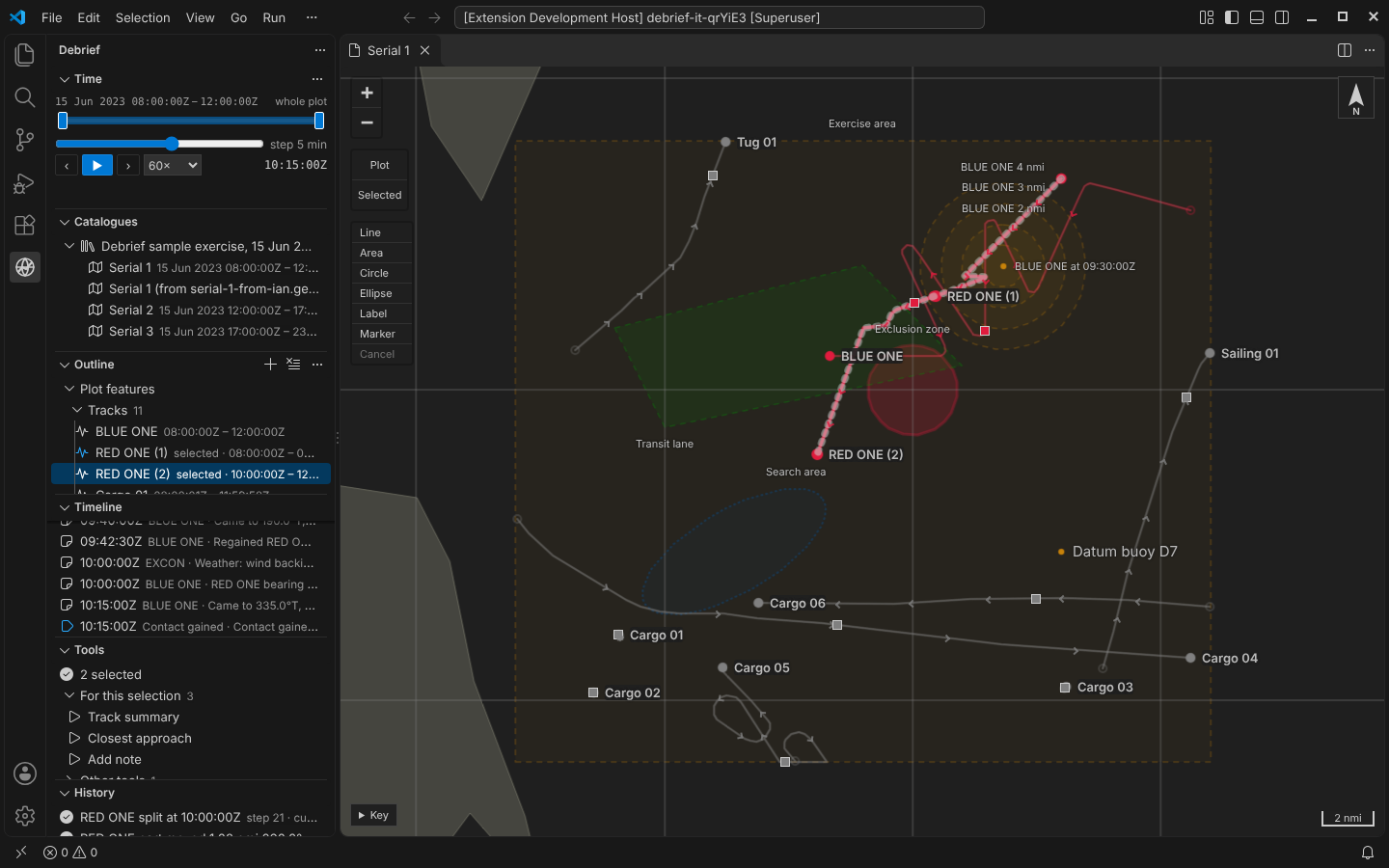 VS Code after splitting RED ONE at 10:00: RED ONE (1) and RED ONE (2) in the outline, both selected, and the History view naming the split