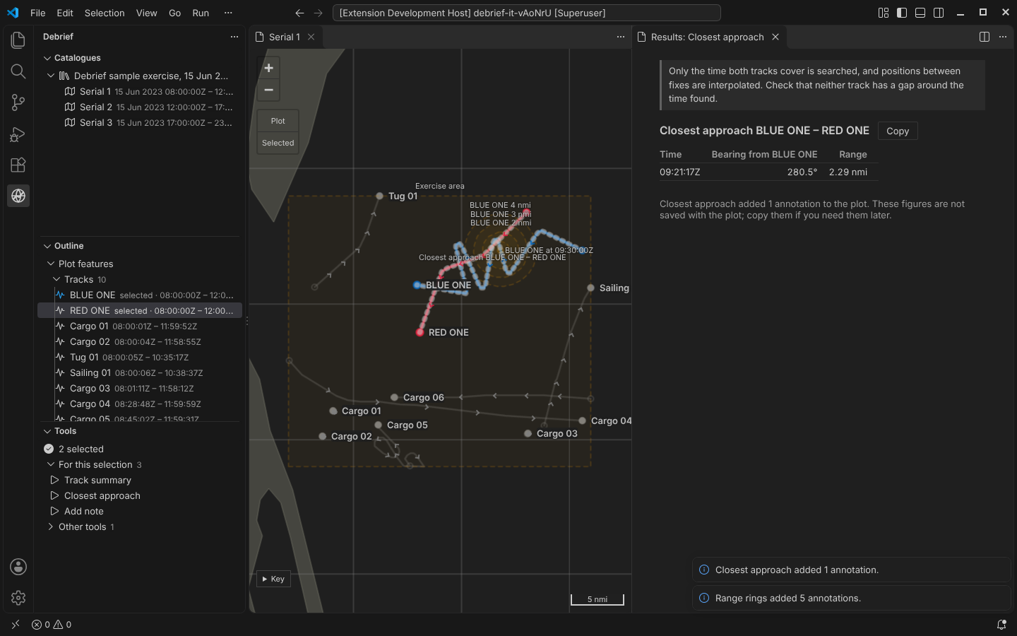 Range rings and the closest approach on the map, with the result beside it