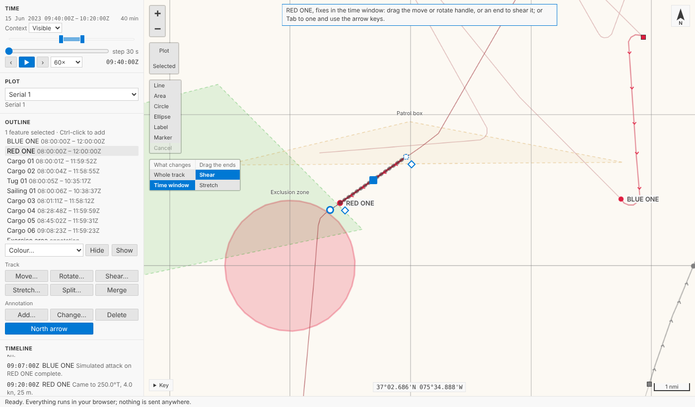RED ONE's straight leg between 09:40 and 10:20, selected, with a diamond beside each end, and the control on the map showing Time window and Shear chosen
