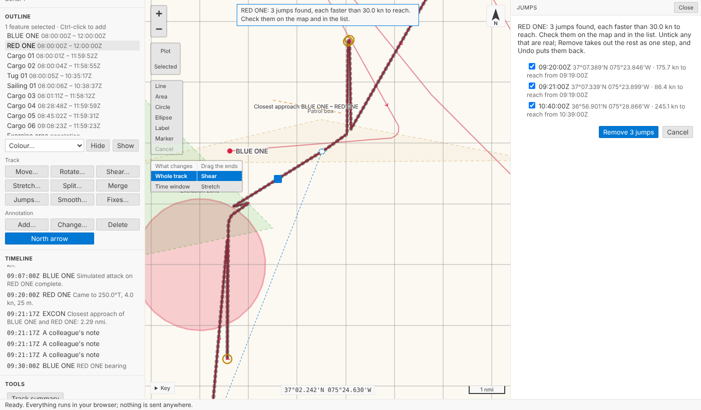 RED ONE in the playground with three GPS glitches: each jump ringed on the map, the note at the top saying 3 jumps were found faster than 30 knots, and the list beside the map, each ticked, with its time, position and speed