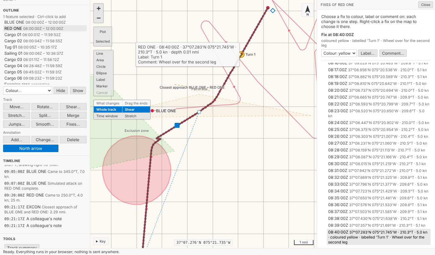 A fix of RED ONE coloured yellow and labelled Turn 1 in the playground, its comment shown in the tooltip beside it, and the fix list beside the map saying the fix's colour, label and comment