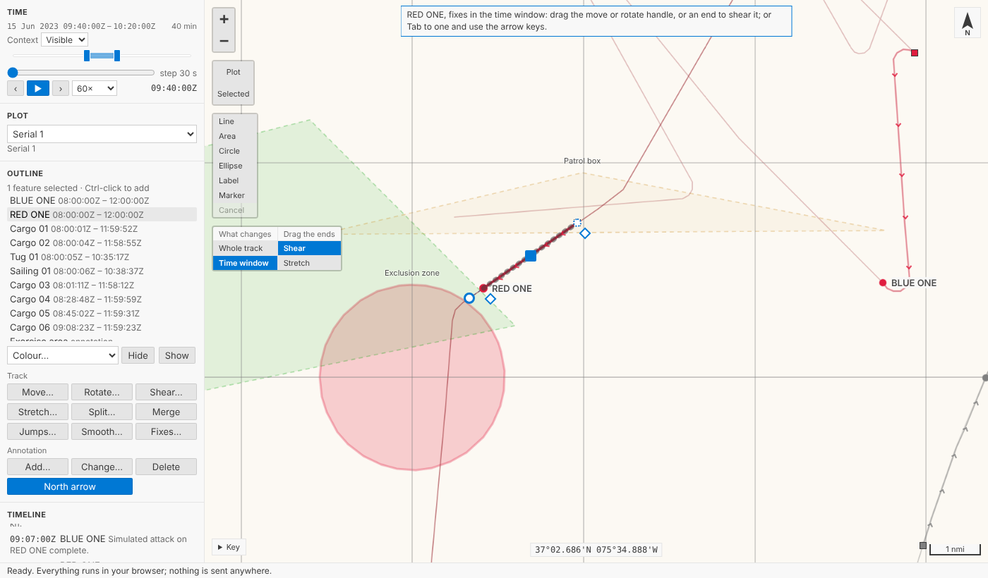 RED ONE's straight leg between 09:40 and 10:20, selected, with a diamond beside each end, and the control on the map showing Time window and Shear chosen