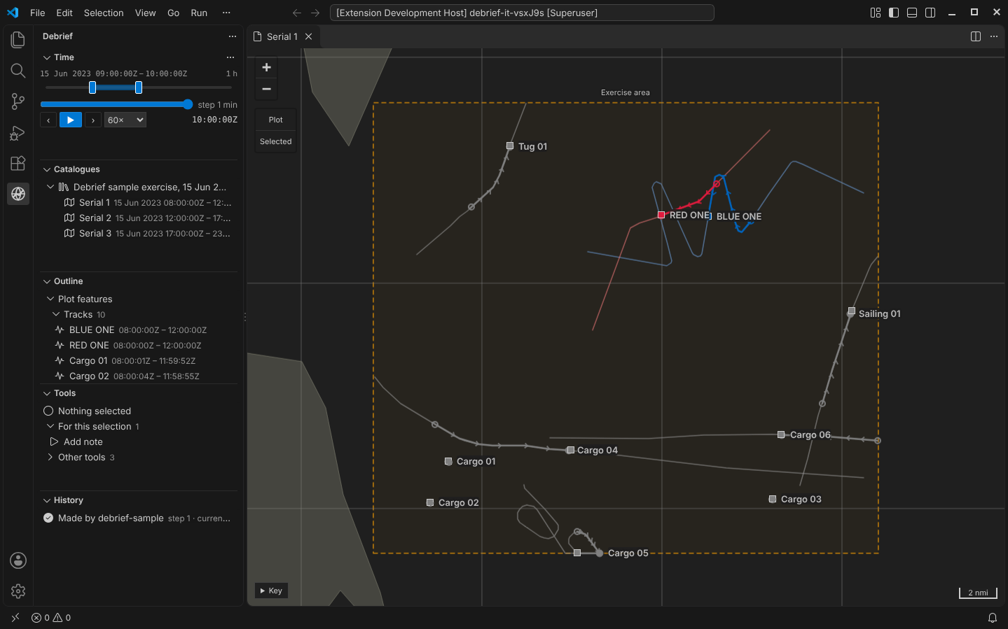 The Time view at the top of VS Code's Debrief sidebar: the map draws the window solid and the rest of each track as a thin, quieter line
