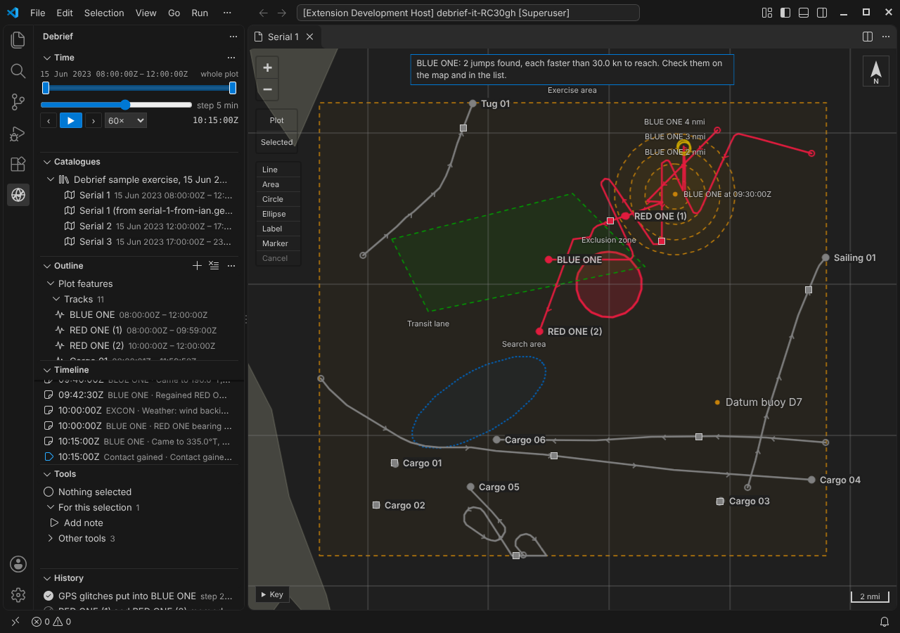 VS Code: two GPS glitches in BLUE ONE ringed on the map, and the note at the top saying 2 jumps were found faster than 30 knots