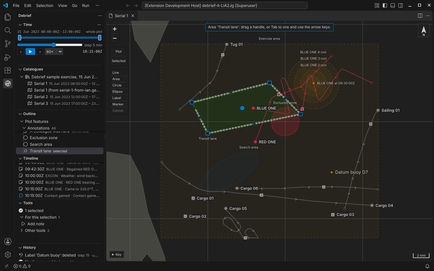 VS Code with serial 1 open: the Transit lane area selected on the map, with its handles, and the note at the top saying how to change it