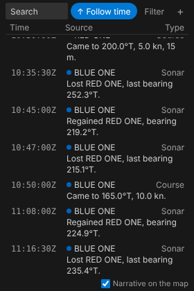 VS Code's Timeline view at the sidebar's usual width, dark theme: times down the left, sources with their tracks' colours, types to the right, and each entry's text under them