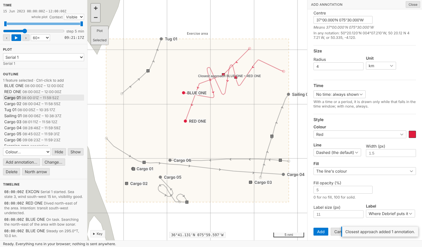 The annotation form in the playground: a circle named Exclusion zone, its centre typed in degrees and minutes with what it means beneath, a radius of 4 km, and the colour Red