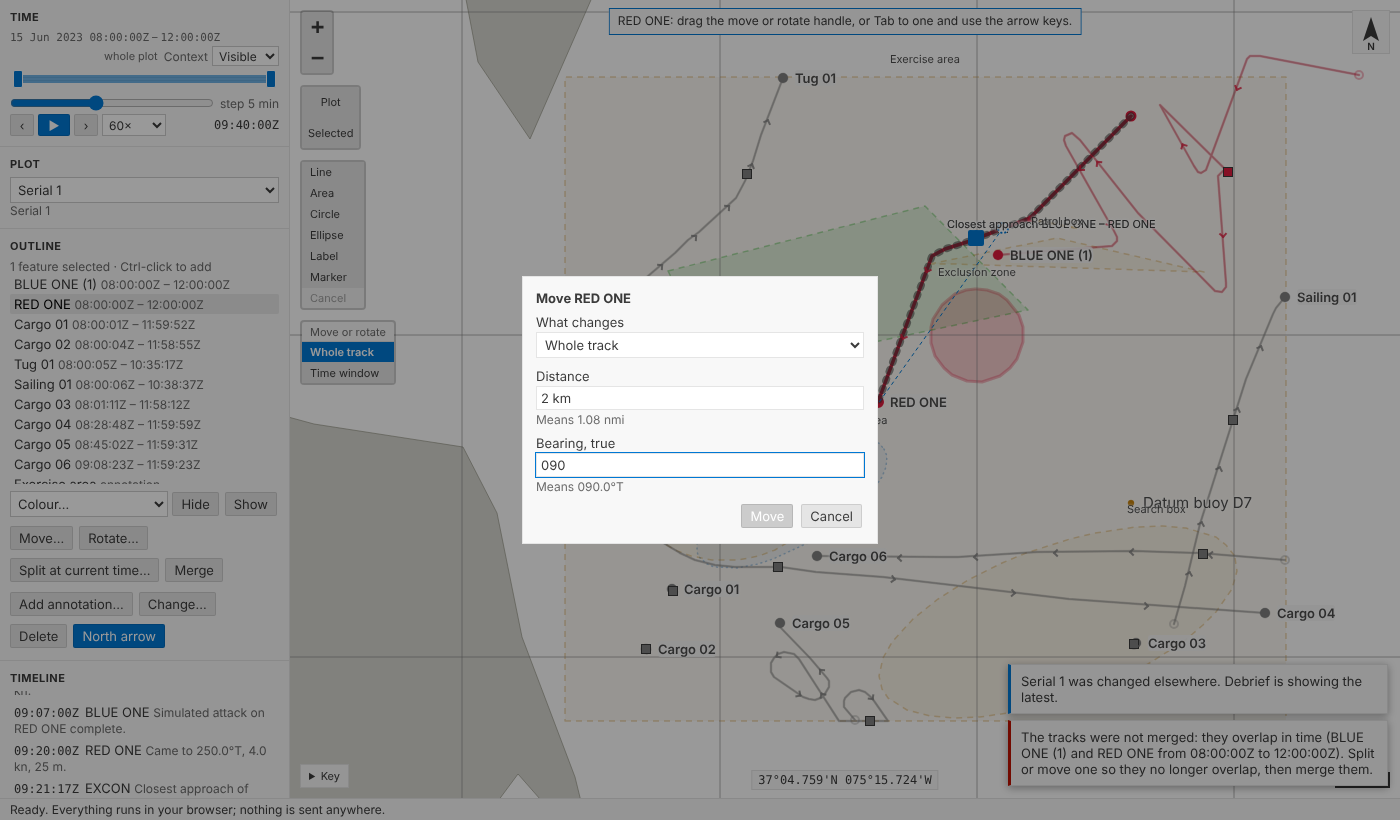 The Move form in the playground: Whole track chosen, 2 km typed and read as 1.08 nmi, and a bearing of 090 read as 090.0°T
