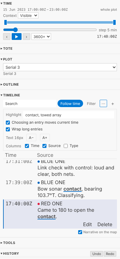 On a phone, 390 pixels wide: the Timeline with the menu open: the Highlight box, Choosing an entry moves current time, Wrap long entries, Text 16px with A− and A+, and Columns with Time and Source ticked and Type not