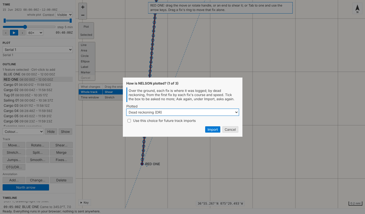The playground asking, as a REP file is imported, how its first track, NELSON, is plotted: over the ground or by dead reckoning, with a box to tick to use the choice for future track imports