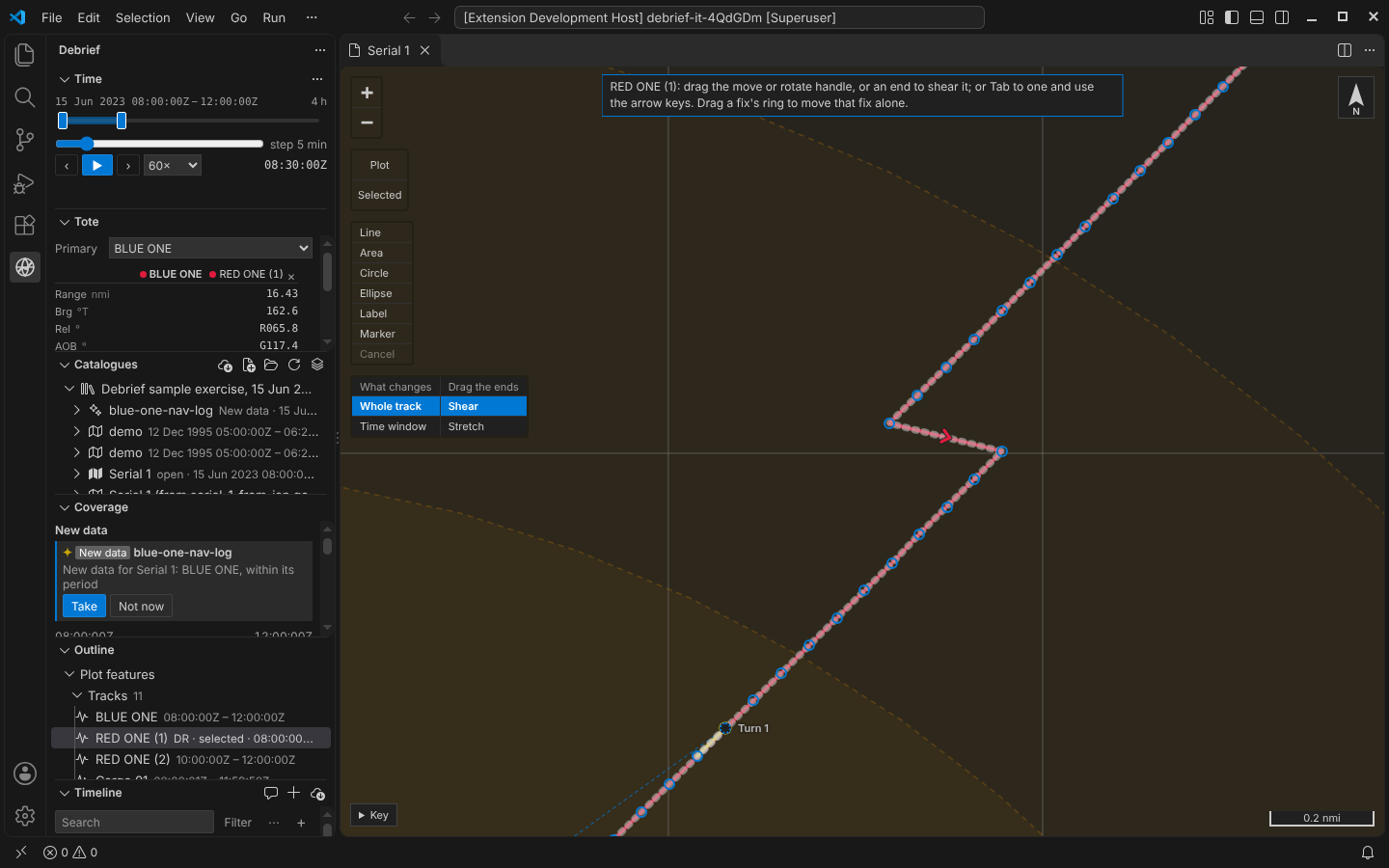 VS Code, dark theme: Catalogues with blue-one-nav-log marked New data, and the Coverage view below with New data, the log, its reason, and Take and Not now