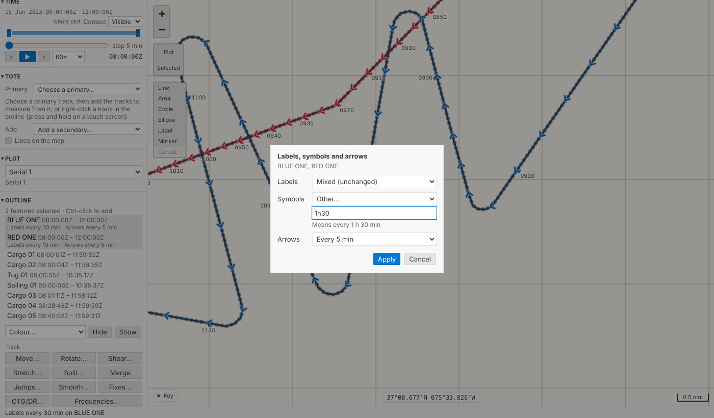 The form for both tracks: Labels Mixed (unchanged); Symbols Other…, with 1h30 typed and Means every 1 h 30 min beneath; Arrows Every 5 min