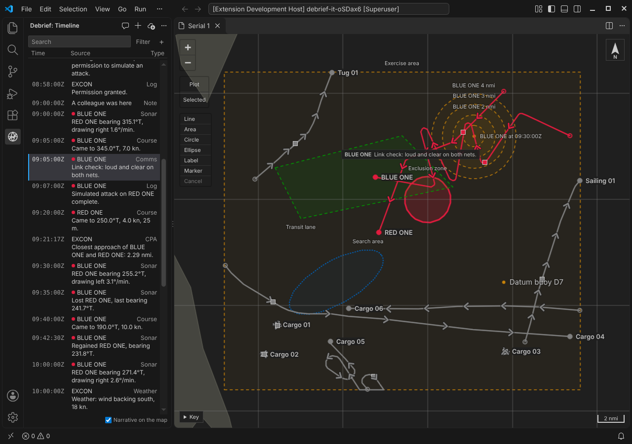 VS Code: the Timeline view in the sidebar, the other views folded away, following current time at 09:05 where an entry from BLUE ONE has just been added, and the map beside it showing the entry beside BLUE ONE's square