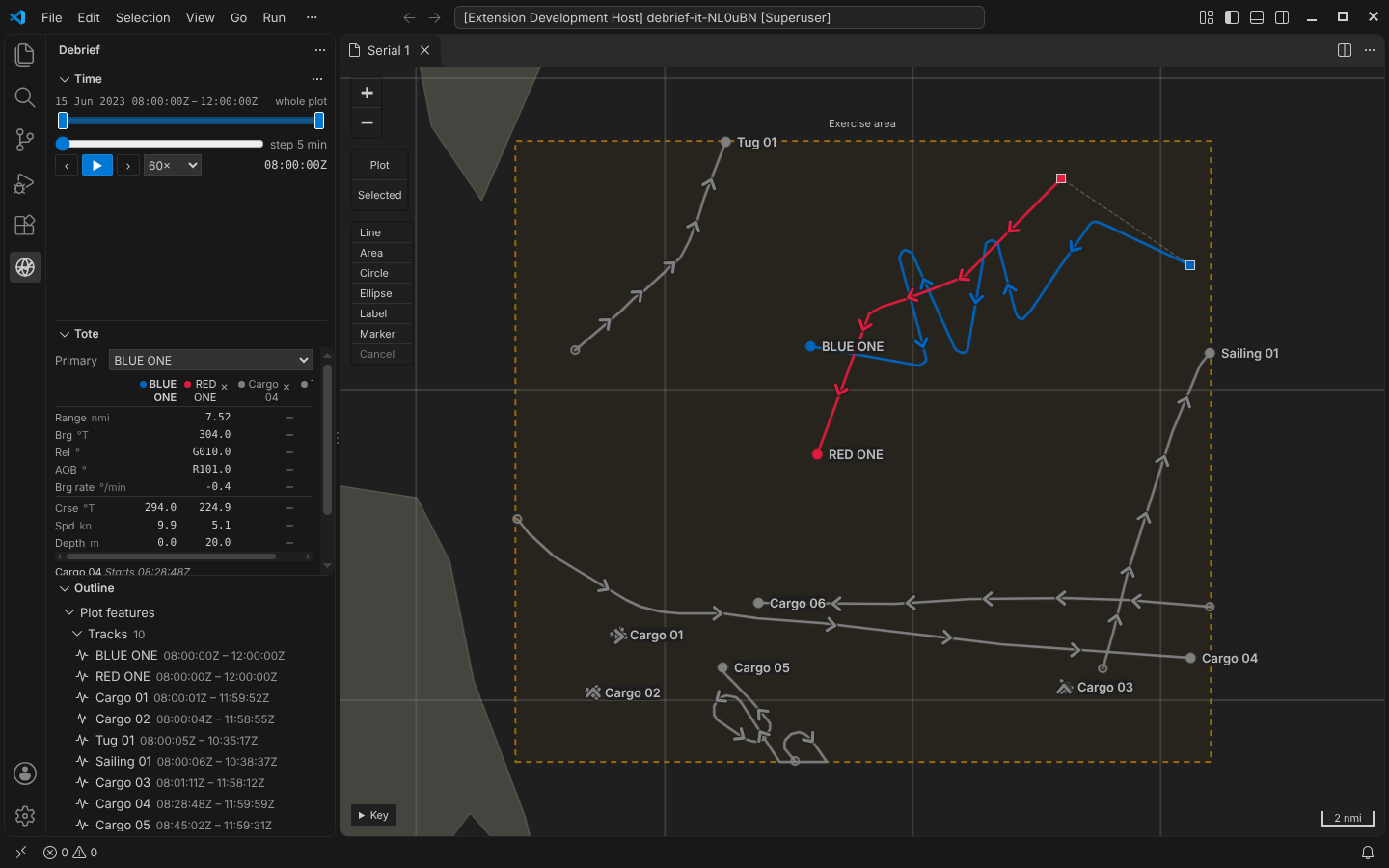 VS Code: the Tote view in the sidebar below Time, BLUE ONE the primary, RED ONE, Cargo 04 and Tug 01 as secondaries, and the map beside it, a thin line from BLUE ONE to RED ONE