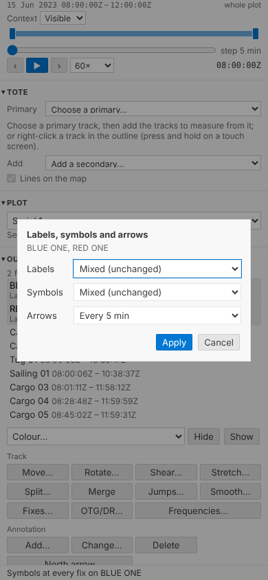 On a phone, 390 pixels wide: the form over the side panels, Labels Mixed (unchanged), Symbols Off, Arrows Every 5 min, Apply and Cancel