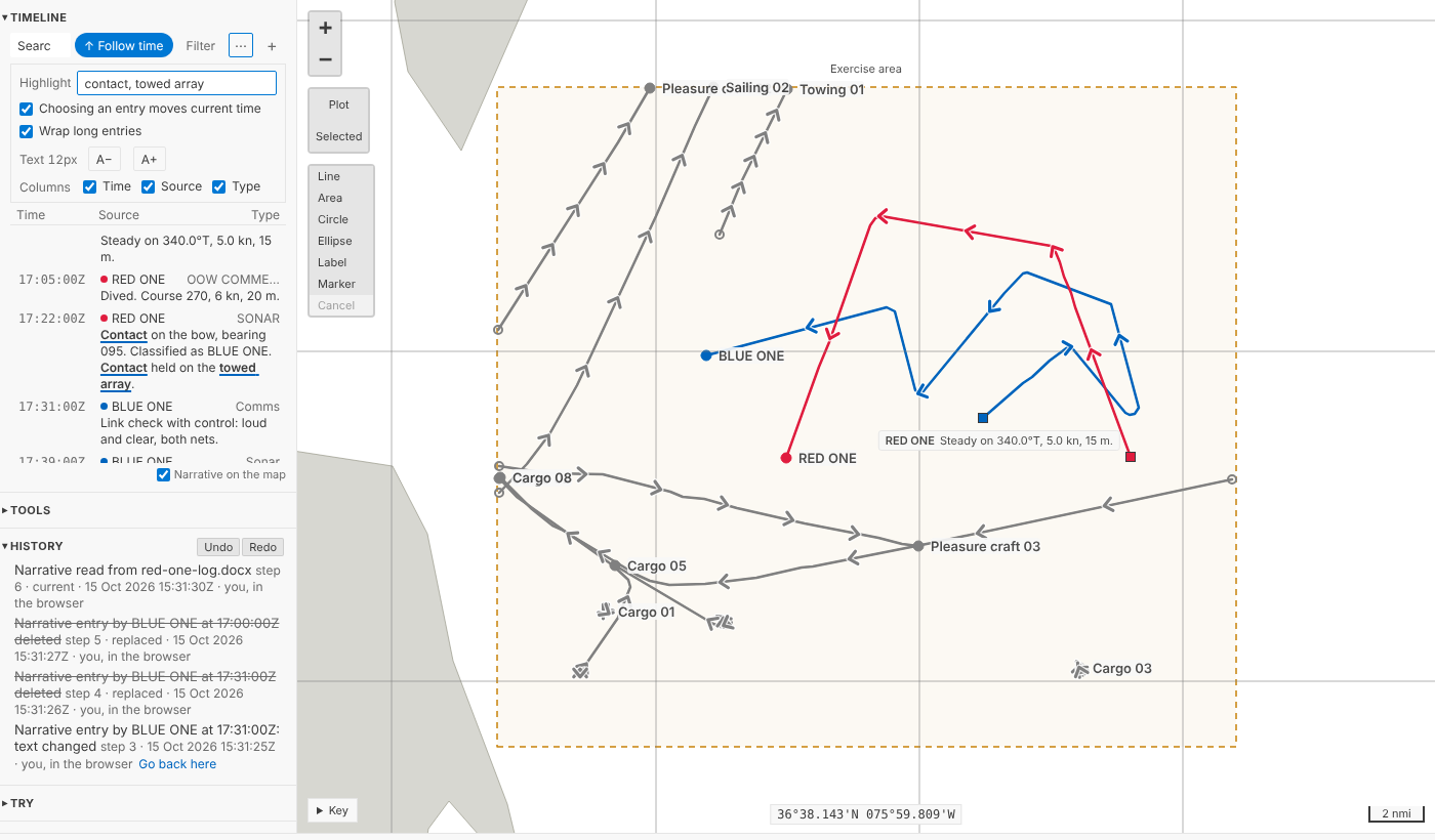 The Timeline with highlights: contact and towed array marked bold and underlined in RED ONE's sonar entry, and the menu open above the list