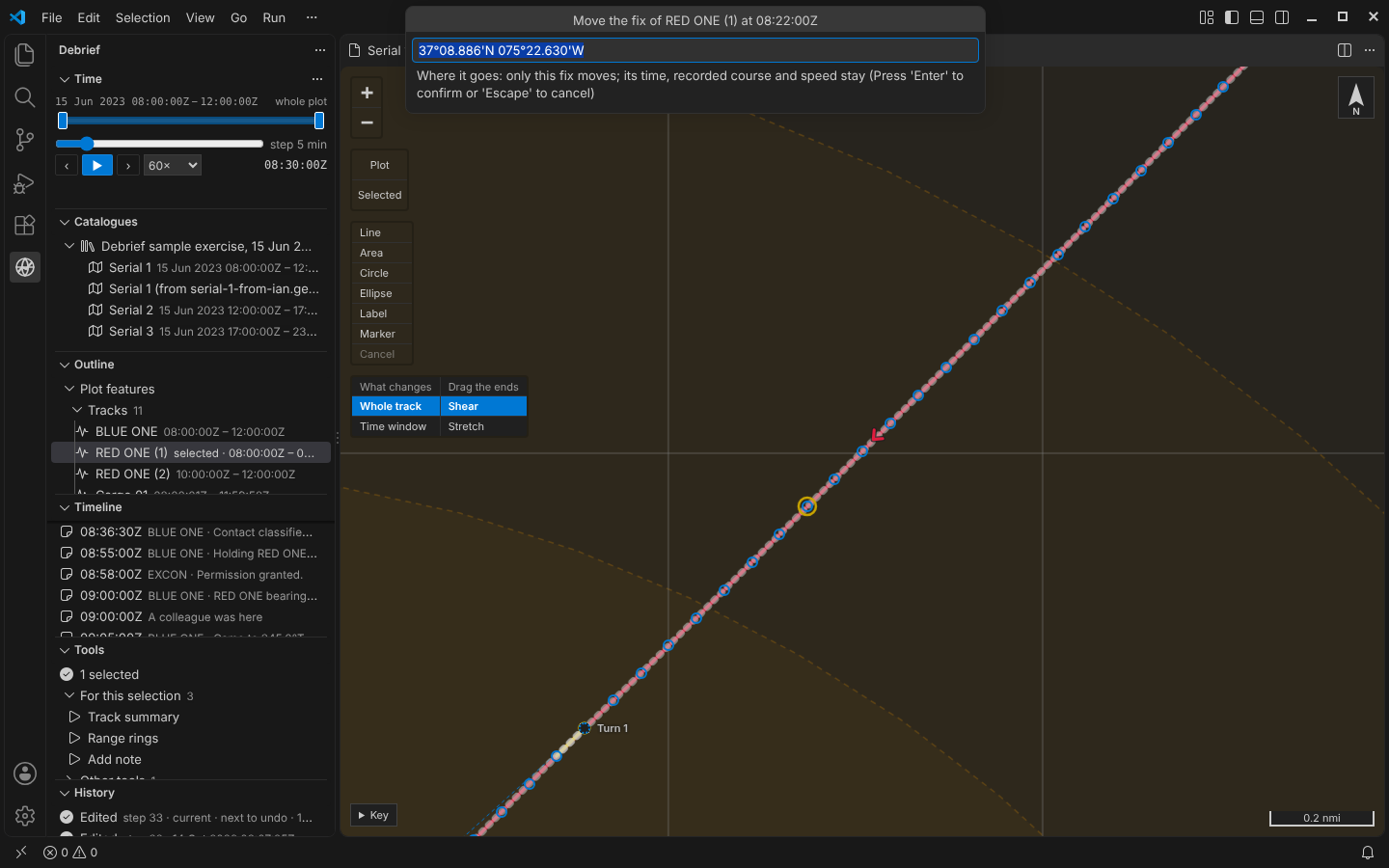 VS Code's Move a fix input for RED ONE (1): the fix's current position offered, and the fix ringed on the map