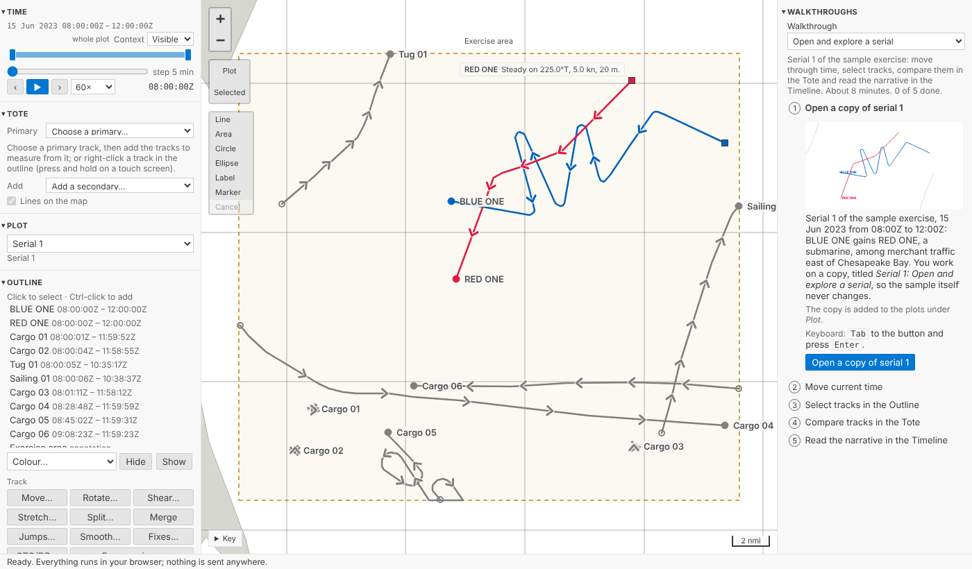 The web demo, full screen: the side panels on the left, the sample's Serial 1 on the map, the Walkthroughs open in their column on the right