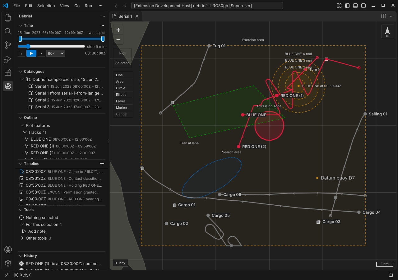 VS Code: a fix of RED ONE (1) coloured yellow and labelled Turn 1 on the map, after choosing its comment in the Timeline moved current time to it