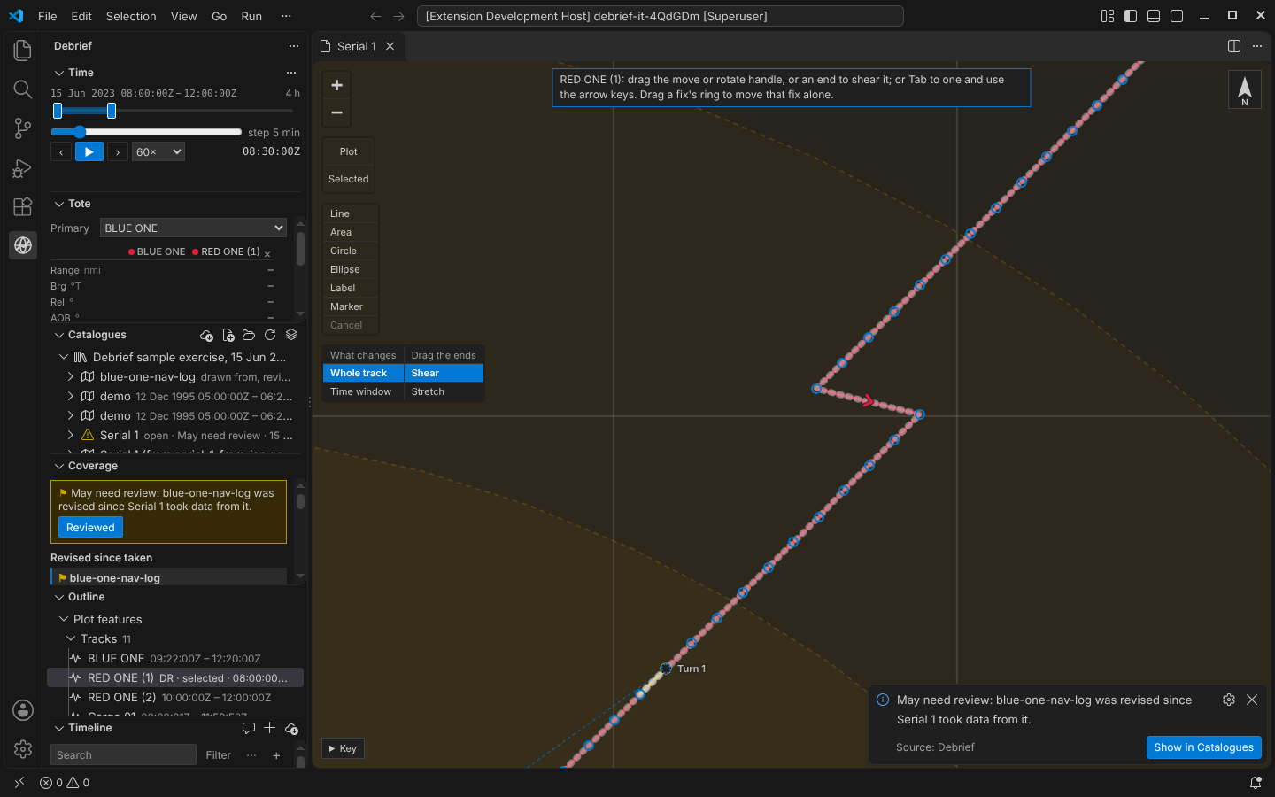 VS Code: the notification May need review: blue-one-nav-log was revised since Serial 1 took data from it, with Show in Catalogues; Serial 1 in Catalogues with a warning symbol and May need review; Coverage with Reviewed