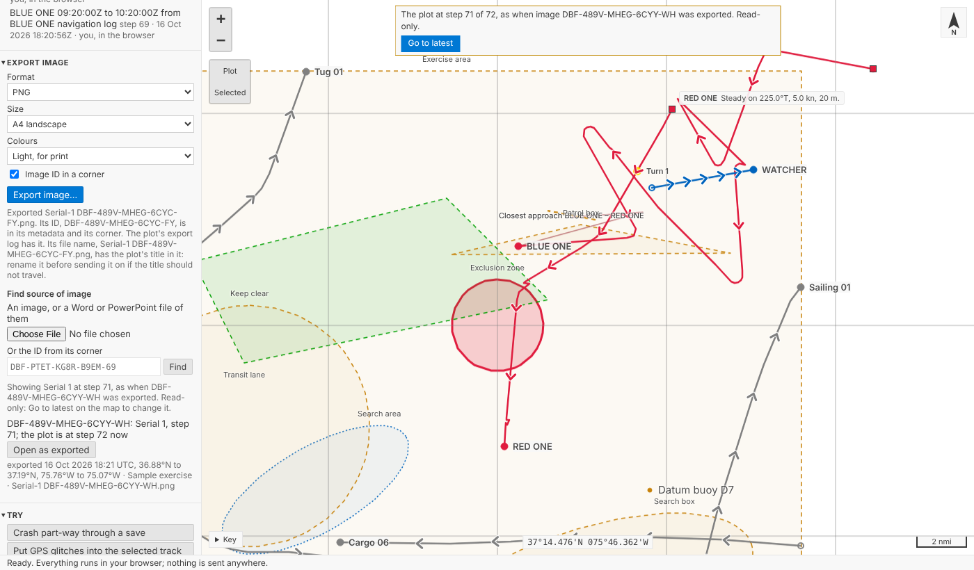 The plot shown as it was when the image was exported: the map's banner says The plot at step 71 of 72, as when image DBF-… was exported. Read-only, with Go to latest; BLUE ONE is red again, though the plot has it teal now; below Find source of image, the export found, with when it was exported and the area it showed
