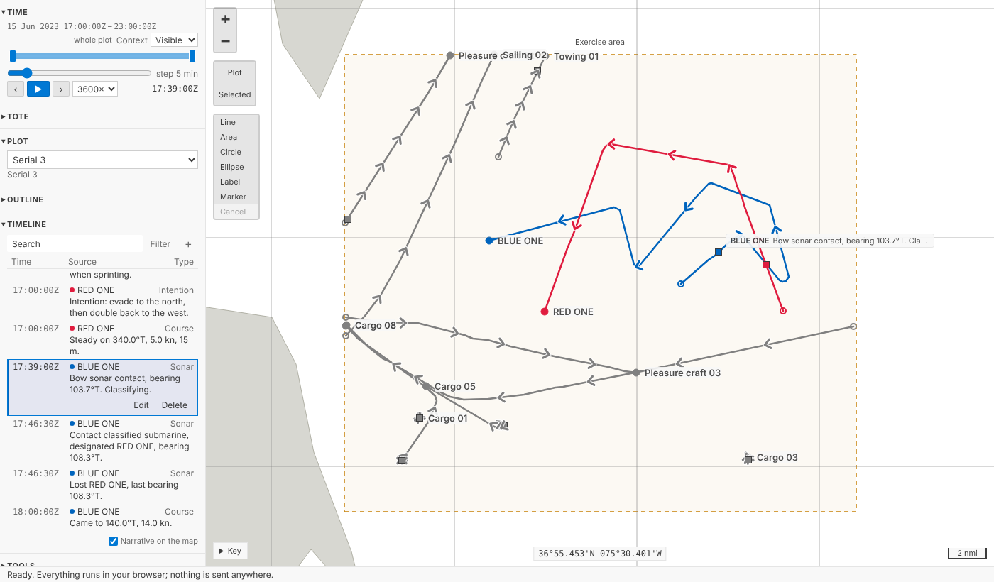 The map with BLUE ONE's square at 17:39 and beside it a small box: BLUE ONE, Bow sonar contact, bearing 103.7°T, Classifying