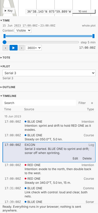 The playground on a phone, 390 pixels wide: the Timeline under the time controller, each row its time, source and type on one line and the text beneath