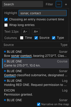 VS Code's Timeline view at the sidebar's usual width, dark theme, with the menu open: the time column hidden, entries one line each, sonar and contact highlighted