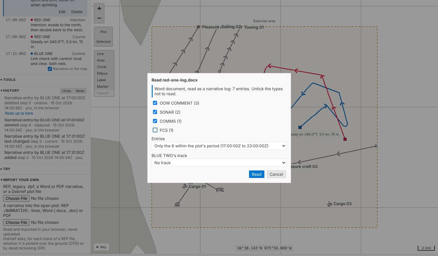 The playground's form over the map: Read red-one-log.docx, Word document, read as a narrative log, 7 entries; the types OOW COMMENT (3), SONAR (2), COMMS (1) ticked and FCS (1) unticked; Entries: only the 6 within the plot's period, 17:00:00Z to 23:00:00Z; BLUE TWO's track: No track; Read and Cancel