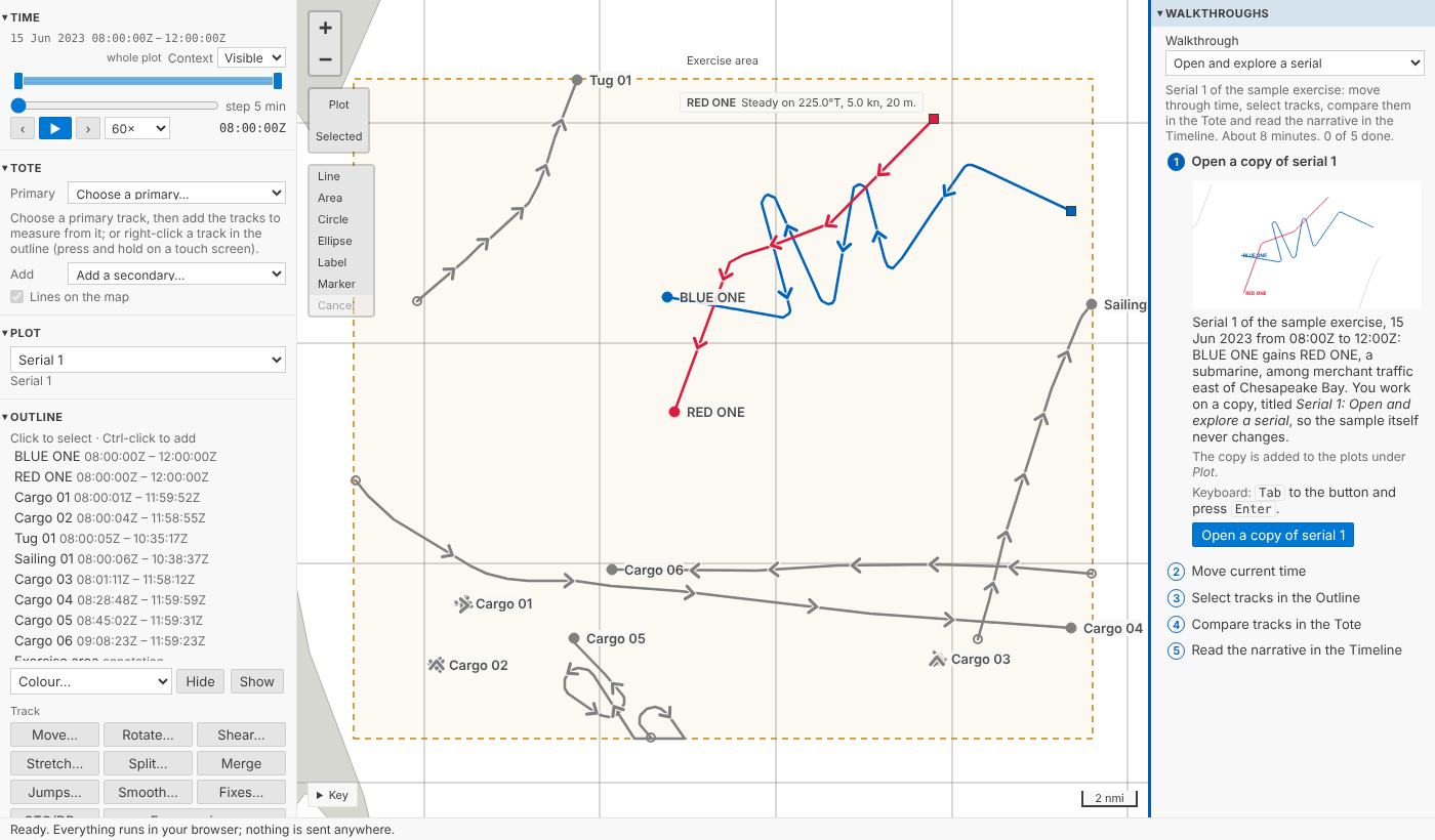 The web demo, full screen: the side panels on the left, the sample's Serial 1 on the map, the Walkthroughs open in their column on the right, edged and headed in the theme's link colour
