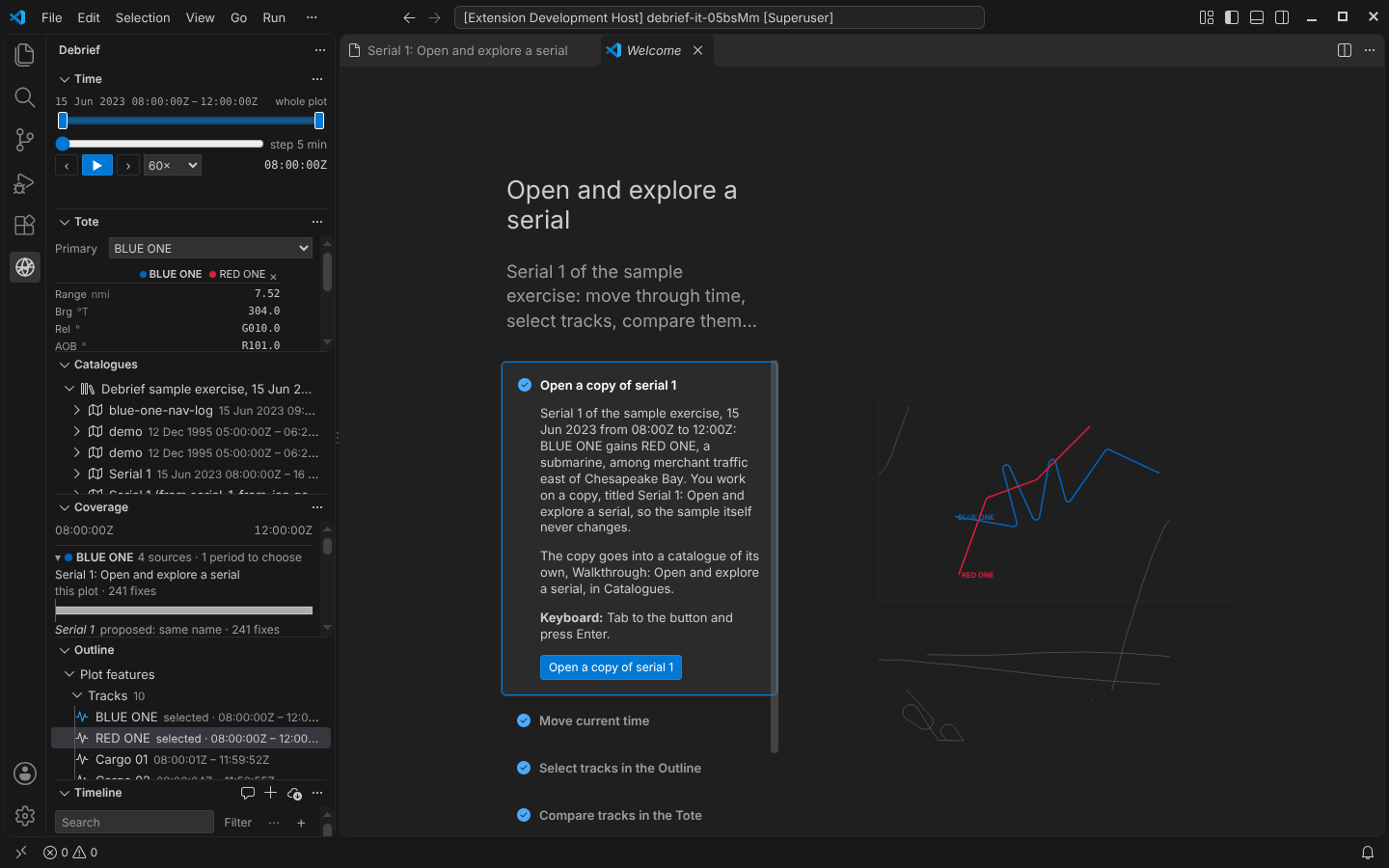 VS Code's Get Started page: Open and explore a serial, every step ticked, beside a picture of serial 1's tracks drawn in the editor's colours