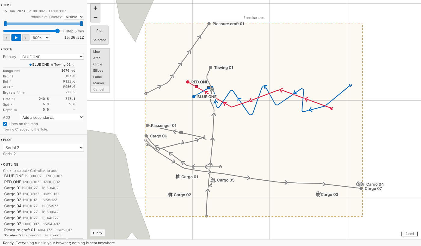 Serial 2 of the sample at 16:36:51, when Towing 01 passes BLUE ONE: in the Tote's Towing 01 column, a range of 1070 yd under the heading Range nmi, then its bearing, relative bearing and bearing rate as figures