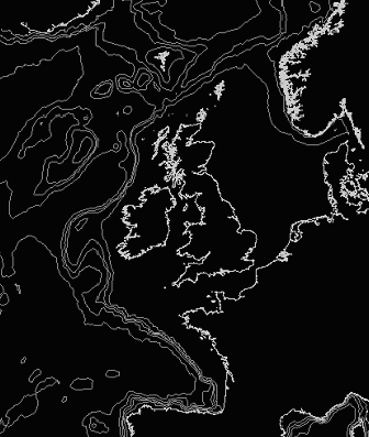 Coastline of British Isles with depth contours